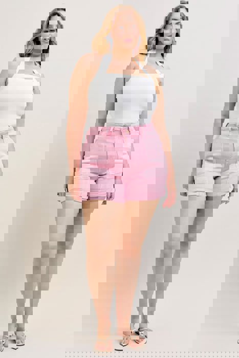 Judy Blue High Waist Pink Aurora Weekender Double Cuff Denim Short 150357