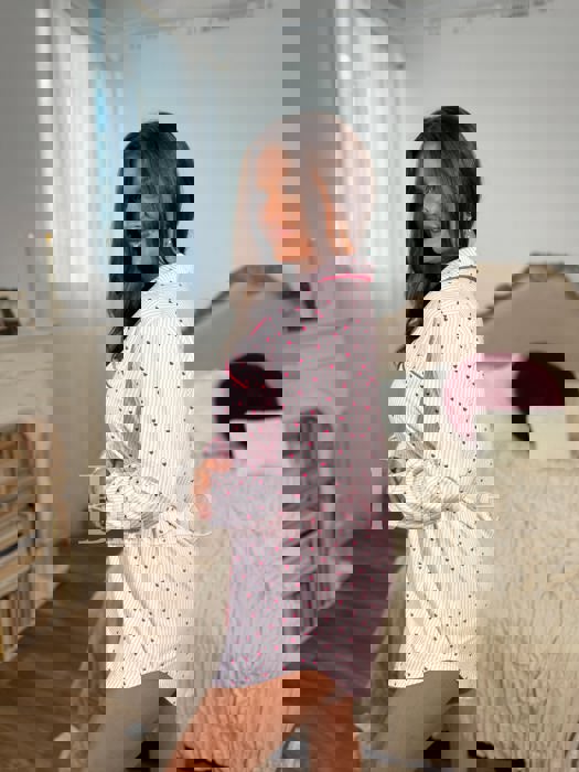 Birdie Sleep Dress Light Pink Pinstripe with Hearts