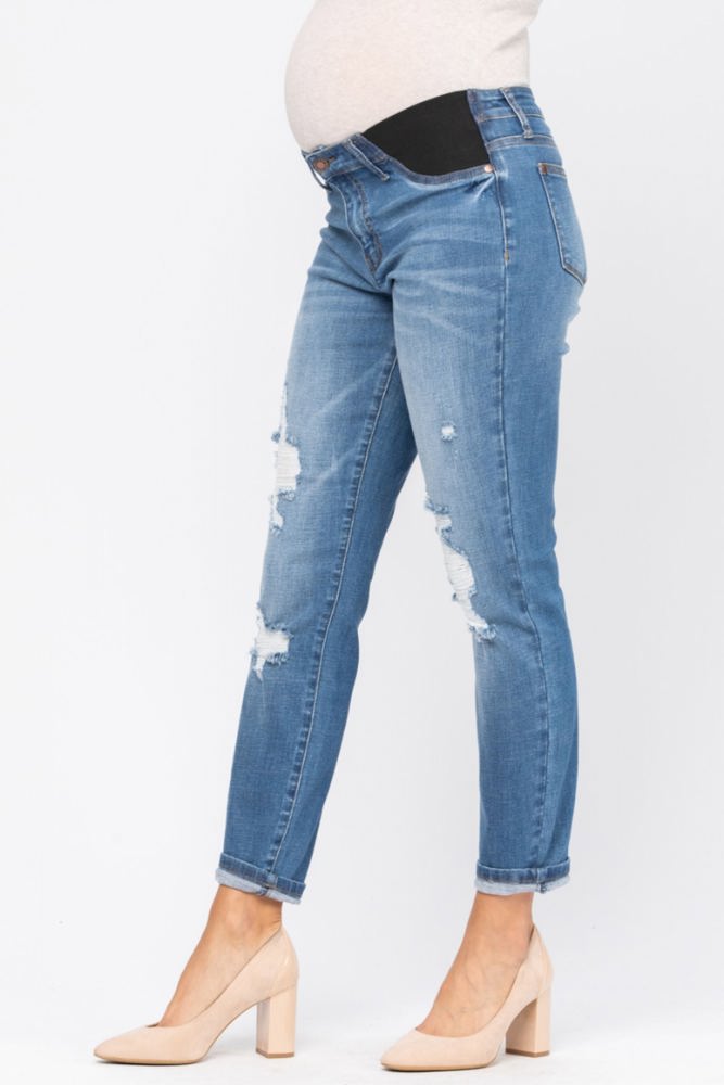 Judy Blue Bloom Maternity Destroyed Boyfriend Denim Mid Rise 9802