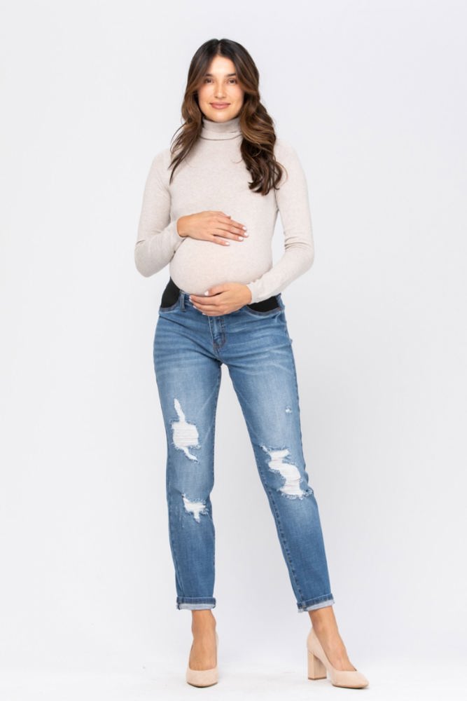 Judy Blue Bloom Maternity Destroyed Boyfriend Denim Mid Rise 9802