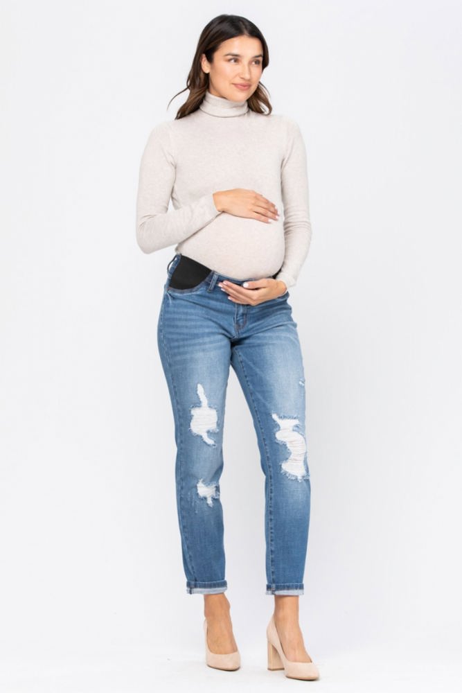 Judy Blue Bloom Maternity Destroyed Boyfriend Denim Mid Rise 9802