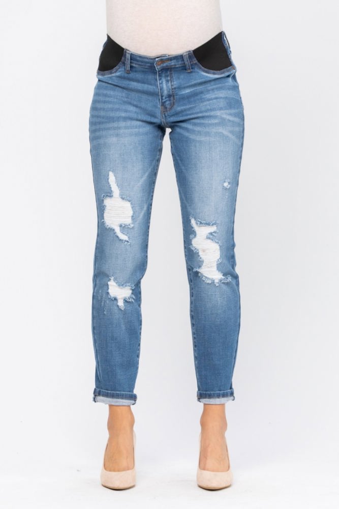 Judy Blue Bloom Maternity Destroyed Boyfriend Denim Mid Rise 9802