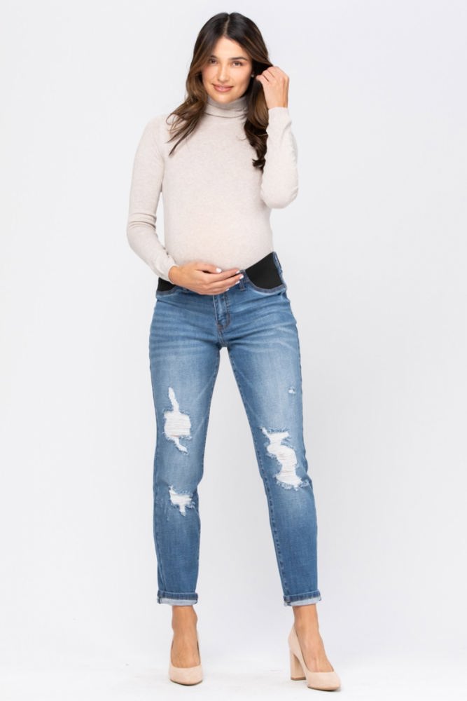 Judy Blue Bloom Maternity Destroyed Boyfriend Denim Mid Rise 9802