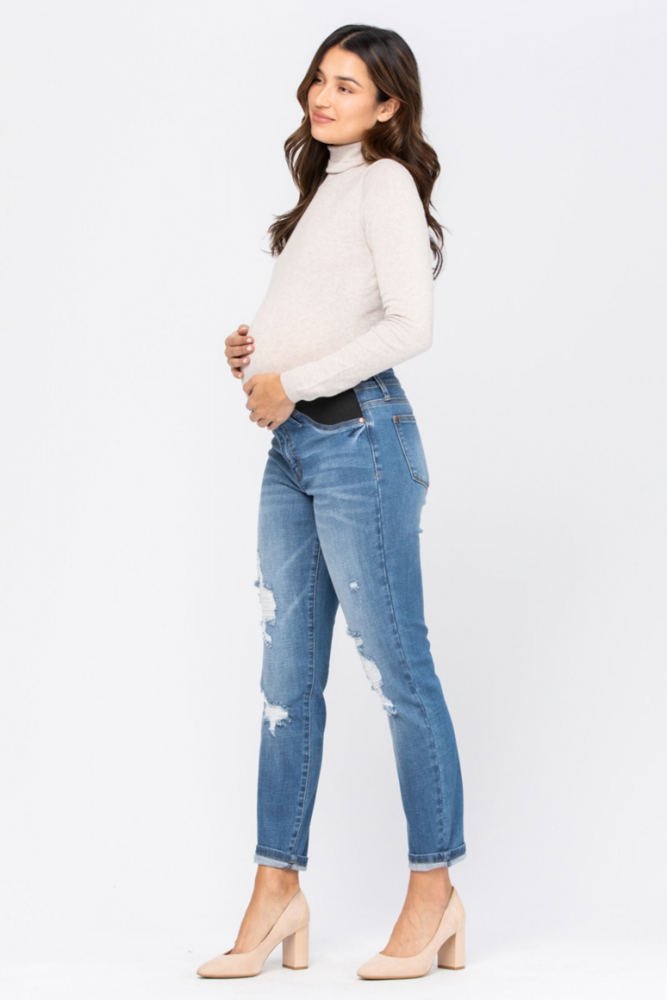 Judy Blue Bloom Maternity Destroyed Boyfriend Denim Mid Rise 9802