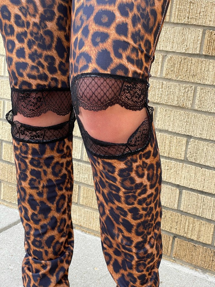 Lucky & Blessed Leopard Leggings w/ Black Lace Knee