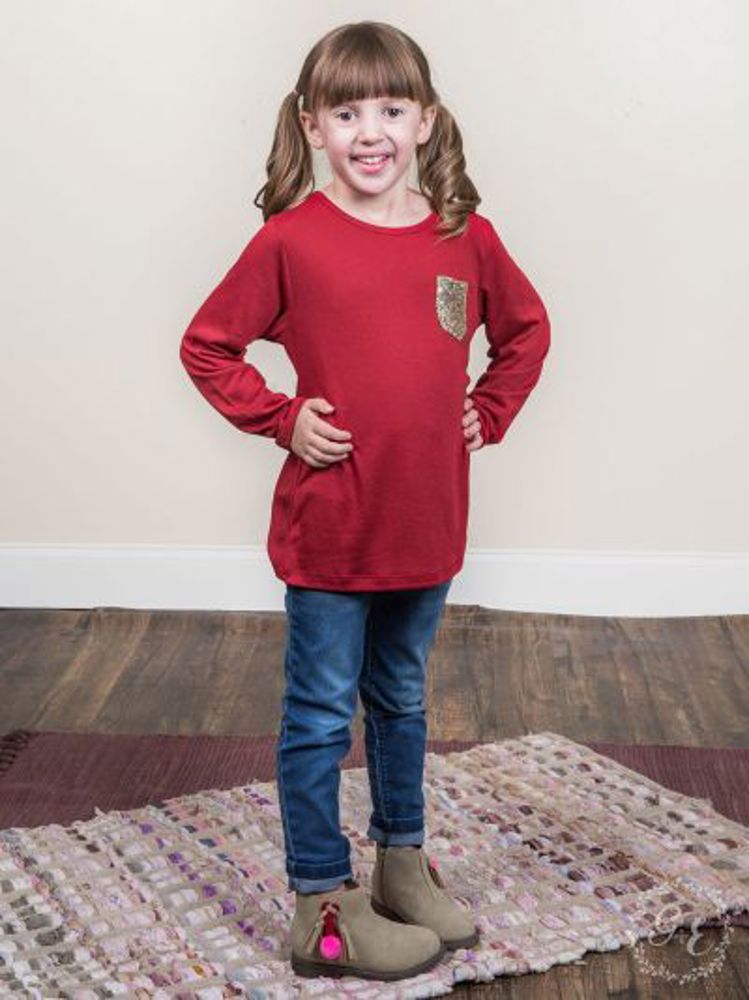 Southern Grace Girl's Red w/ Sequin Patch Style Long Sleeve, Size 8-10Y