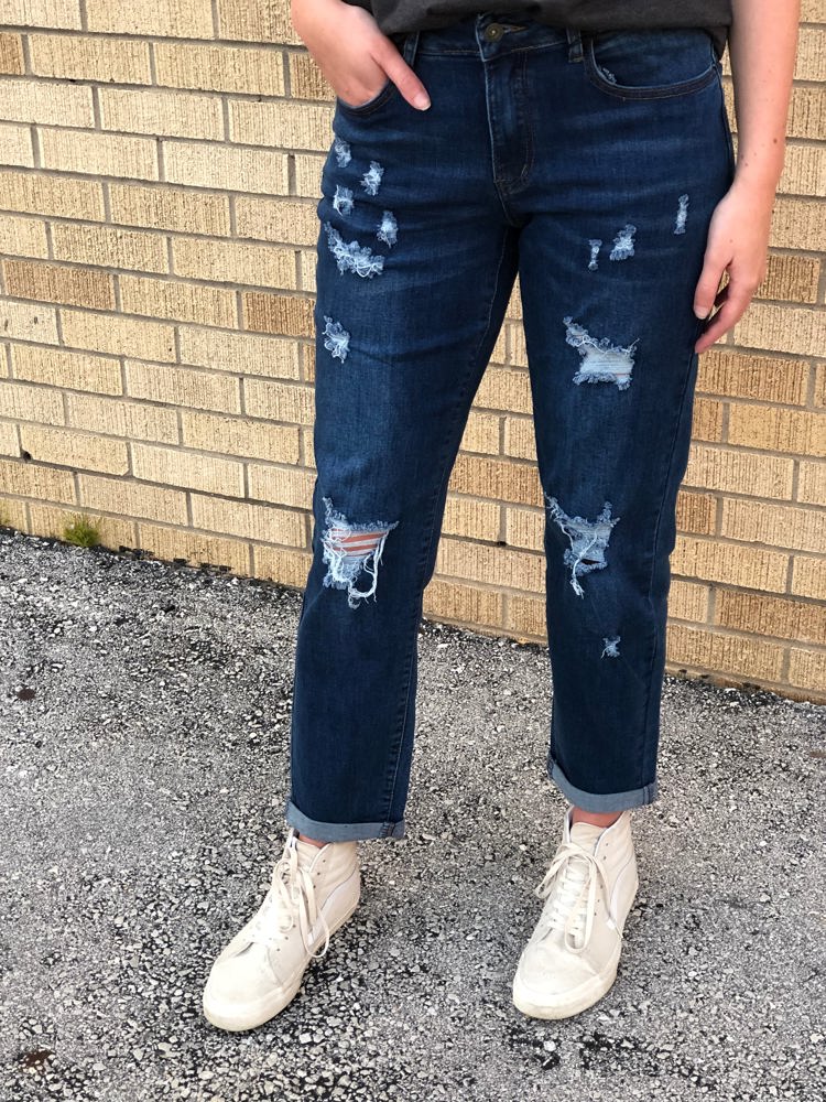 Lucky & Blessed Mid-Rise Dark Wash Ripped Boyfriend Denim L20064-R