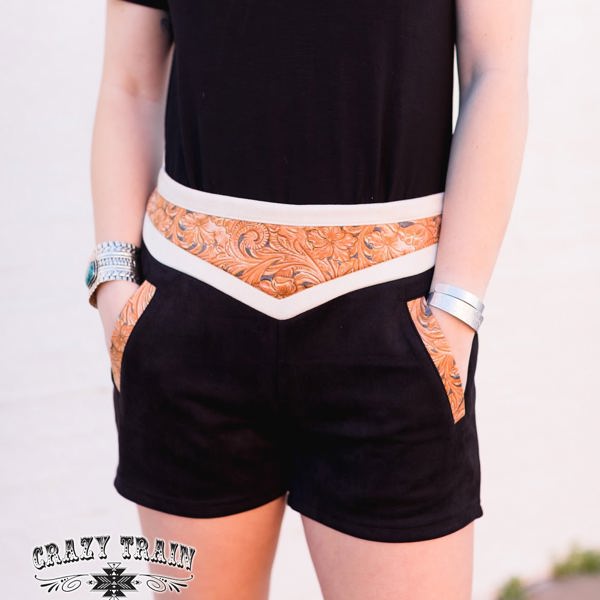 Crazy Train Whistle Britches Tooled Leather Shorts, Black