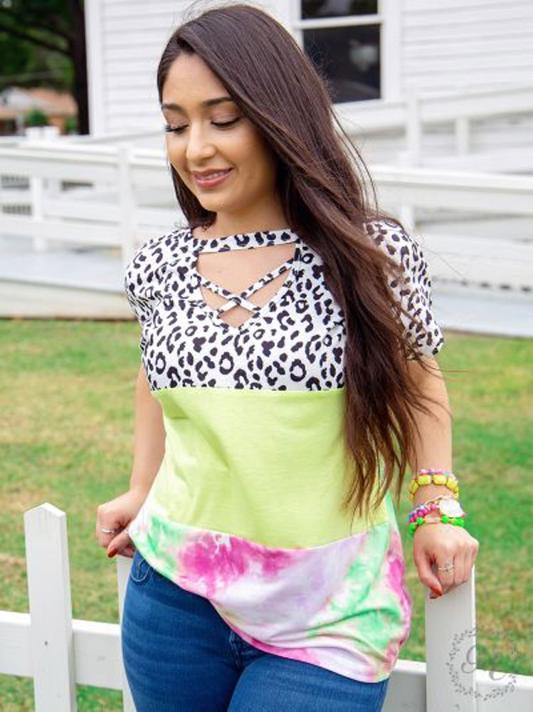 Southern Grace Fun in the Sun Short Sleeve Top with Caged Detail, Leopard & Tie Dye