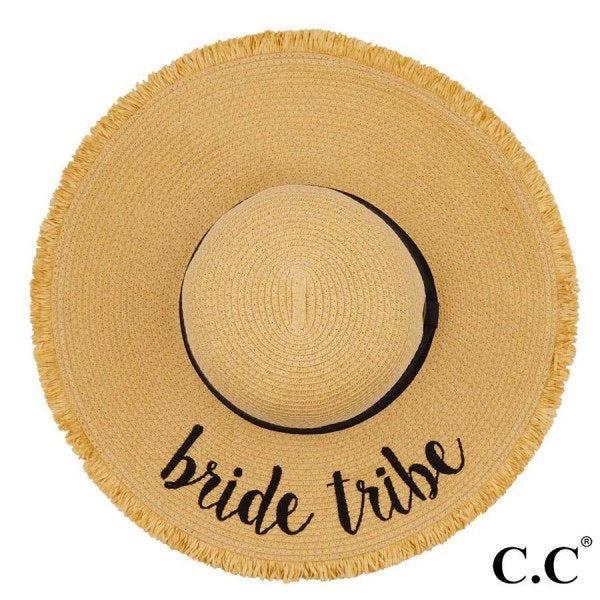 C.C “Bride Tribe" paper straw fringe trim wide brim sun hat with ribbon