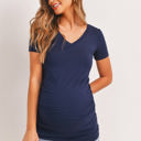  Hello Miz Short Sleeve V-Neck Maternity Tee with Ruched Side, Navy - Size Small