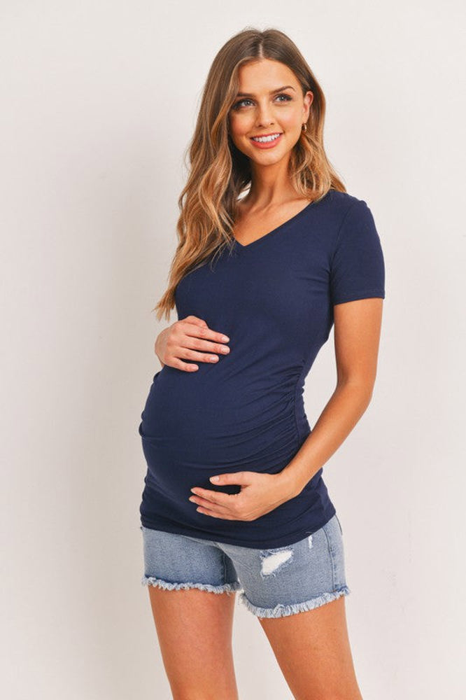 Hello Miz Short Sleeve V-Neck Maternity Tee with Ruched Side, Navy - Size Small