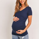  Hello Miz Short Sleeve V-Neck Maternity Tee with Ruched Side, Navy - Size Small