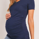  Hello Miz Short Sleeve V-Neck Maternity Tee with Ruched Side, Navy - Size Small