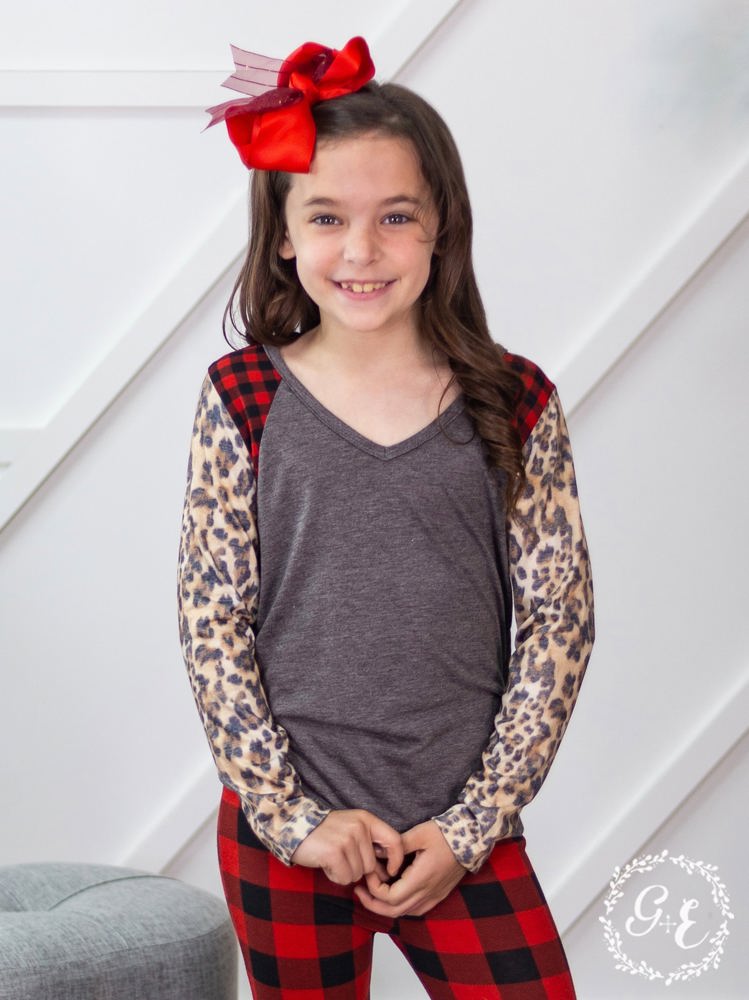 Southern Grace Girl's I Will Survive V Neck with Long Sleeve, Buffalo Plaid, Size 10-12Y