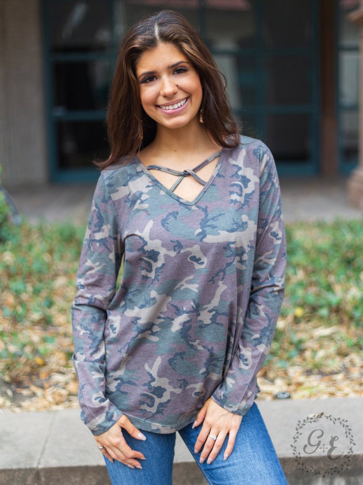 Southern Grace Let's Take a Road Trip Caged Long Sleeve with V neck, Camouflage