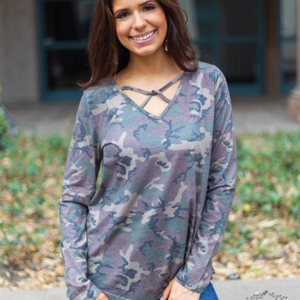 Southern Grace Let's Take a Road Trip Caged Long Sleeve with V neck, Camouflage