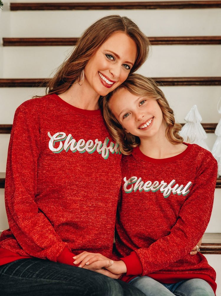 Southern Grace Girl's Christmas Cheerful on Sparkly Glitter Red Sweatshirt, Size 4-5Y