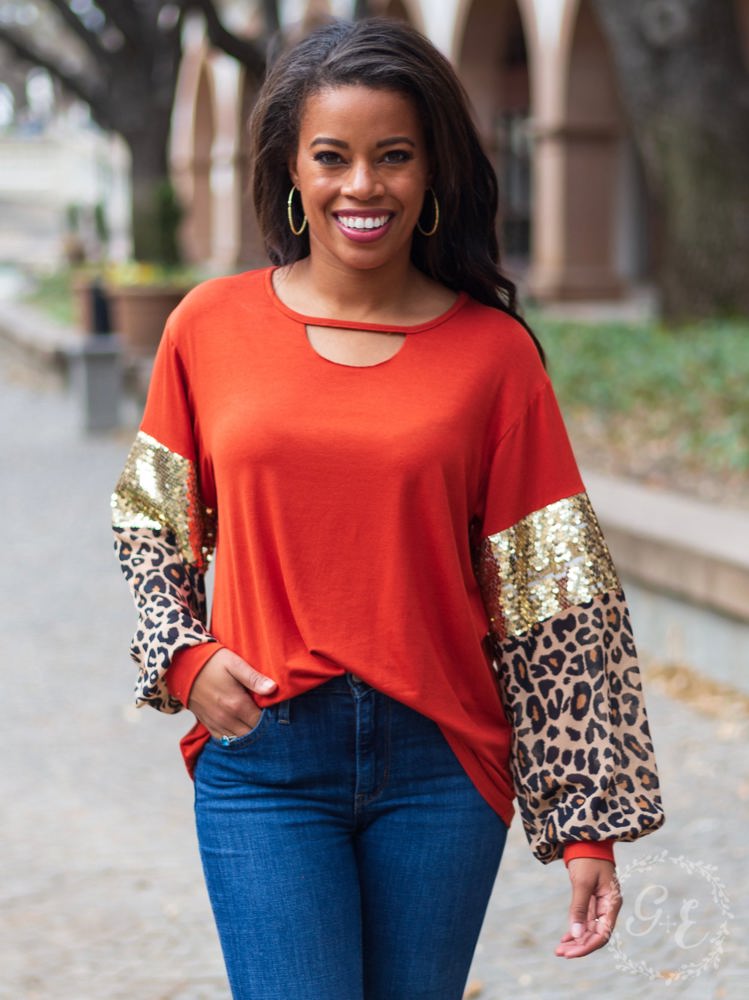 Southern Grace About Last Night Cut Out Top with Balloon Long Sleeve Top, Burnt Orange