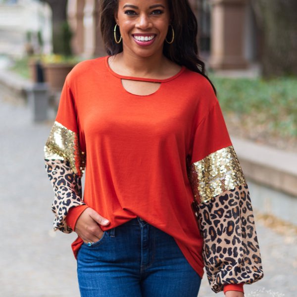 Southern Grace About Last Night Cut Out Top with Balloon Long Sleeve Top, Burnt Orange