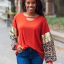  Southern Grace About Last Night Cut Out Top with Balloon Long Sleeve Top, Burnt Orange