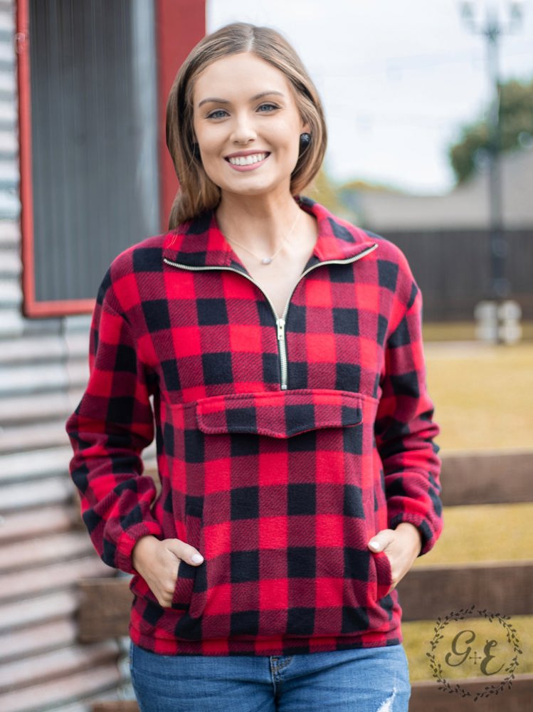 Southern Grace Checker Me Out Pullover With Pockets, Red Plaid