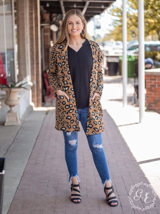 Southern Grace Fireplace Chillin Sweater Cardigan with Pockets, Leopard