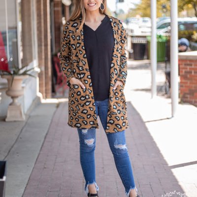 Southern Grace Fireplace Chillin Sweater Cardigan with Pockets, Leopard