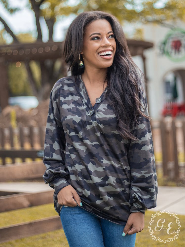 Southern Grace Since You Been Gone Pullover with Balloon Longsleeves and Buttons, Camouflage