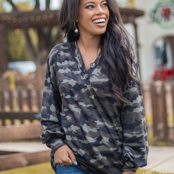 Southern Grace Since You Been Gone Pullover with Balloon Longsleeves and Buttons, Camouflage