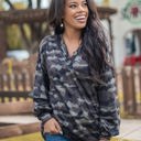  Southern Grace Since You Been Gone Pullover with Balloon Longsleeves and Buttons, Camouflage