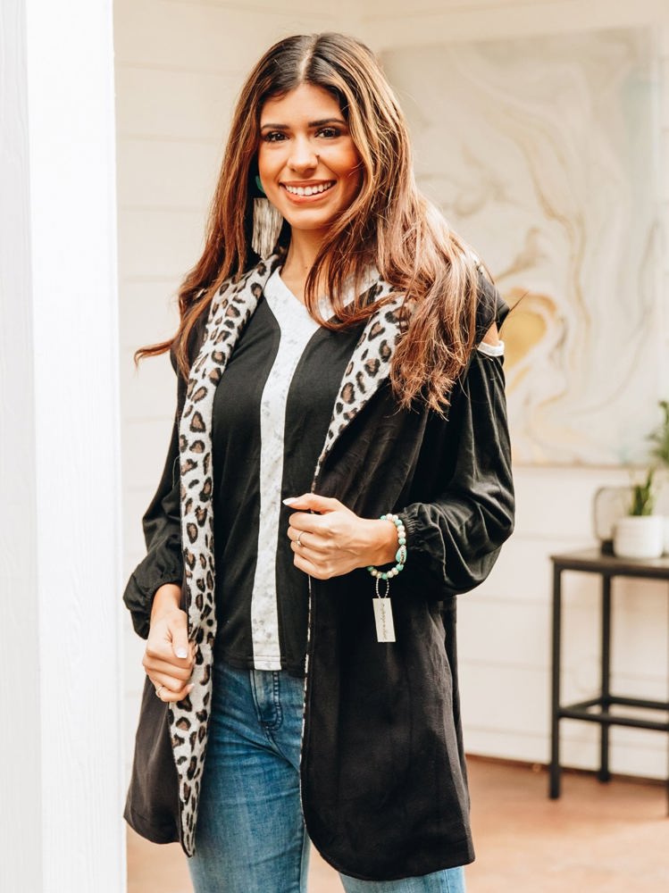 Southern Grace Warm and Together Black with Leopard Vest Cardigan