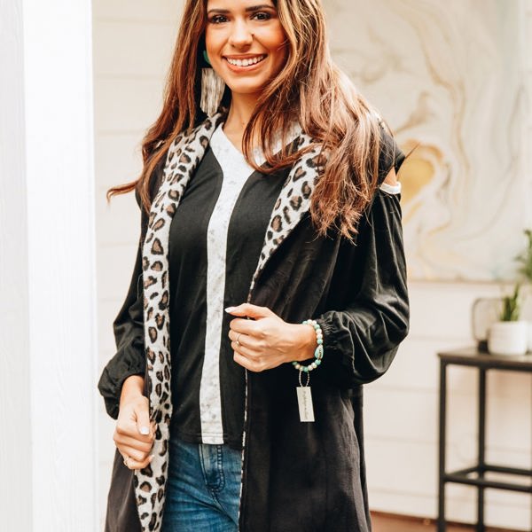 Southern Grace Warm and Together Black with Leopard Vest Cardigan