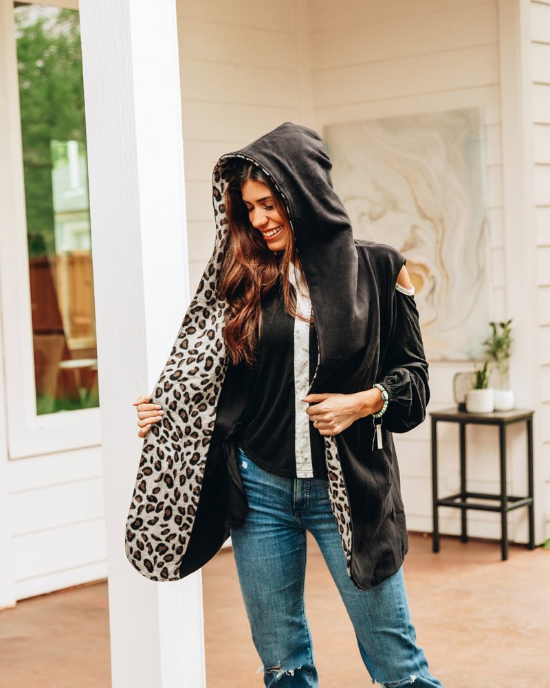 Southern Grace Warm and Together Black with Leopard Vest Cardigan