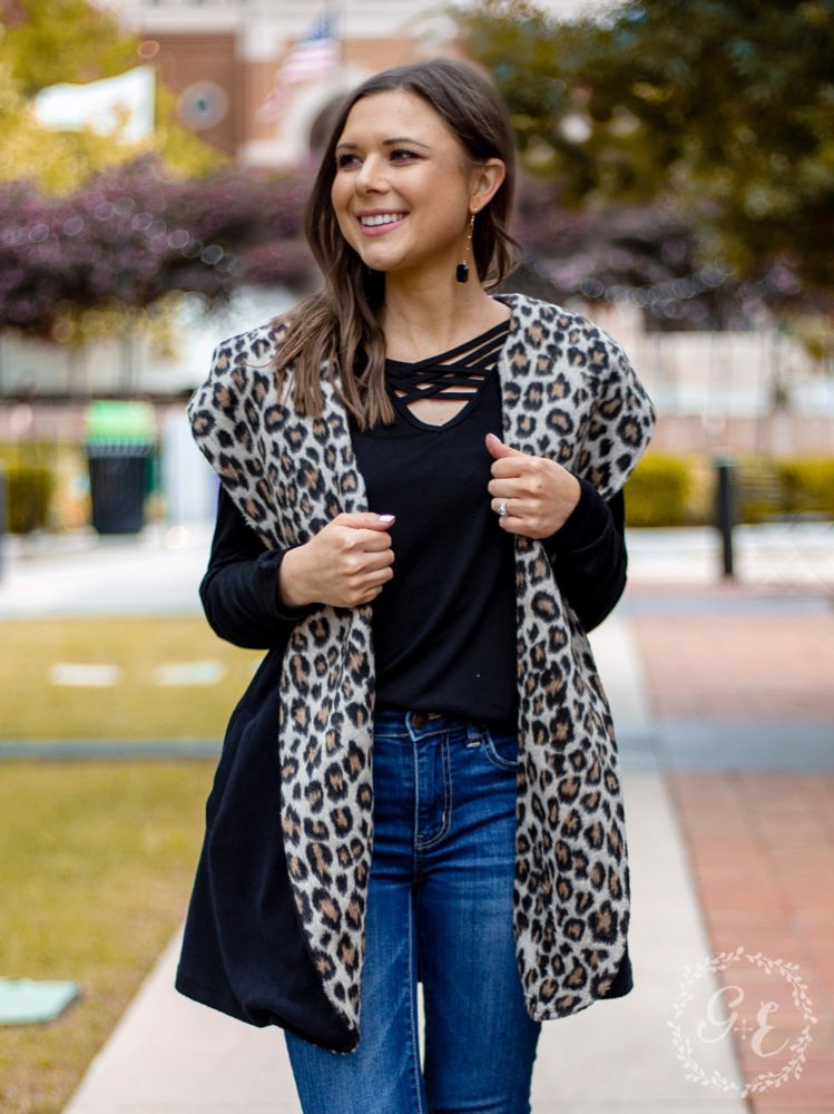 Southern Grace Warm and Together Black with Leopard Vest Cardigan