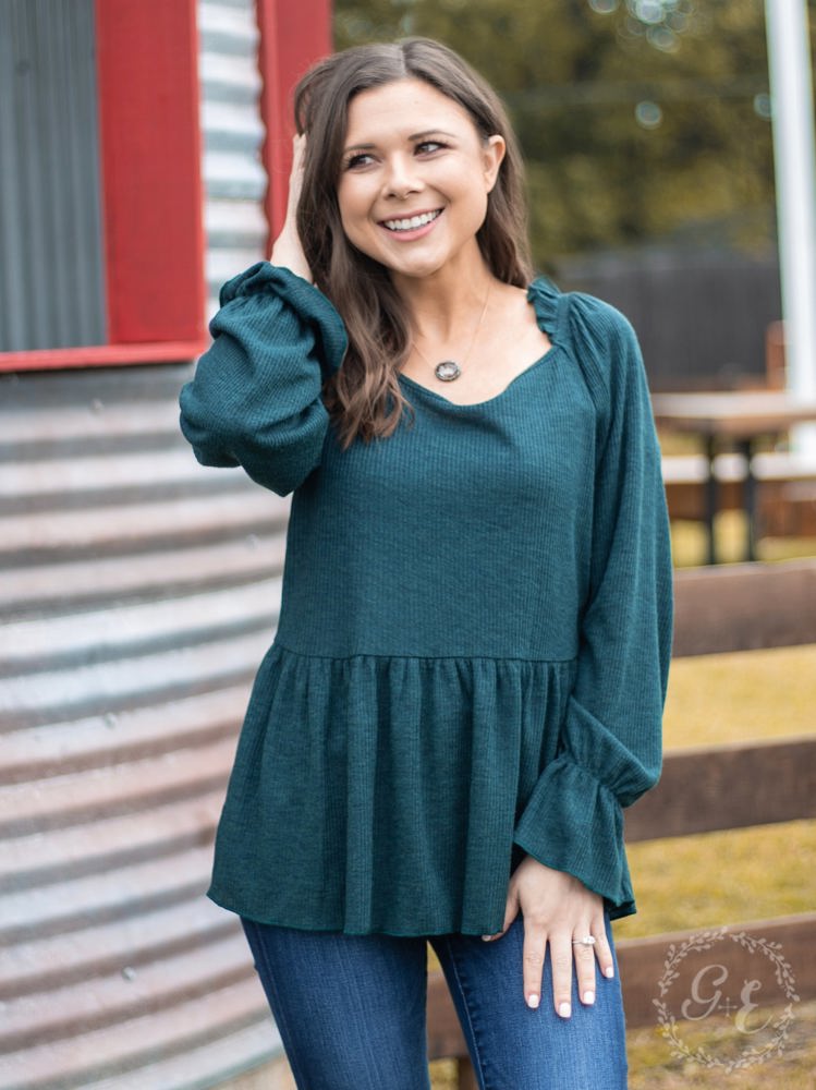 Southern Grace How 'Bout Those Ruffles Long Sleeve With Neck Line Ruffles, Emerald Green