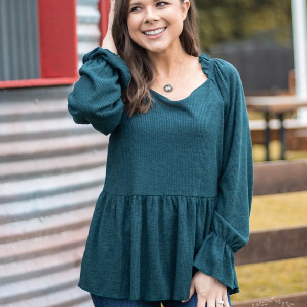 Southern Grace How 'Bout Those Ruffles Long Sleeve With Neck Line Ruffles, Emerald Green