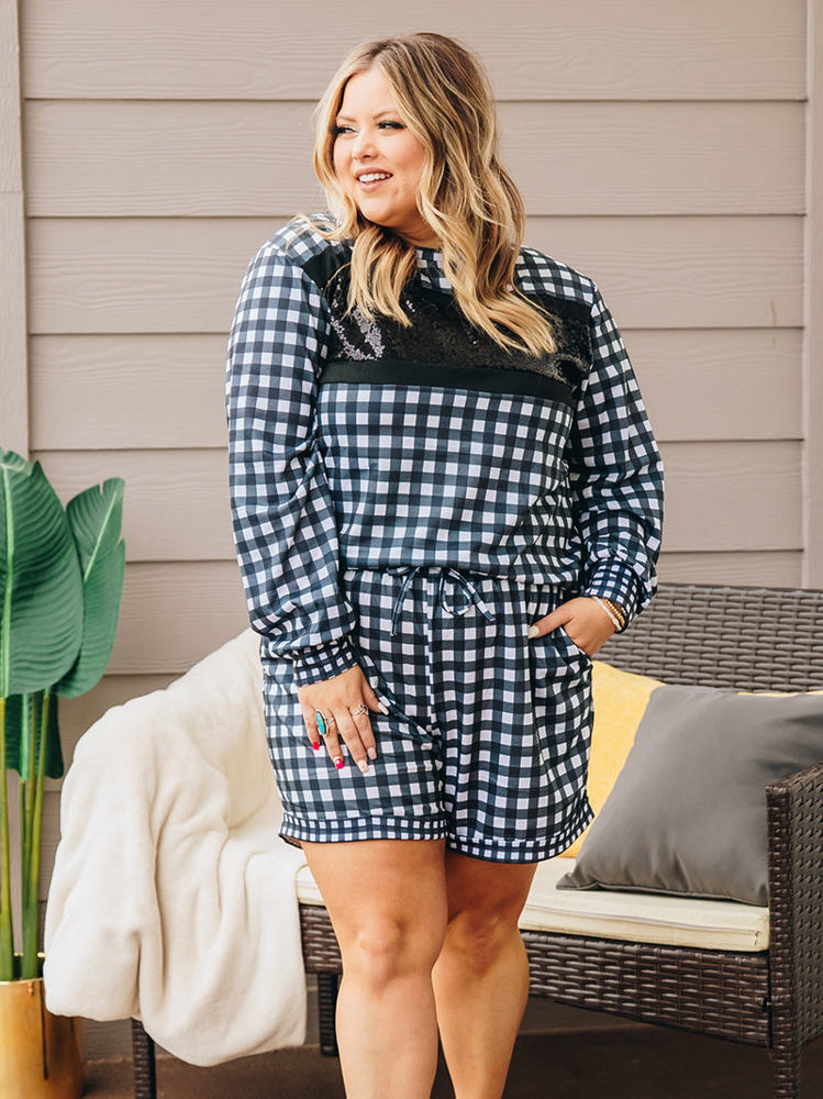 Southern Grace Stylin in Gingham Loungewear Set with Shorts and Sequins