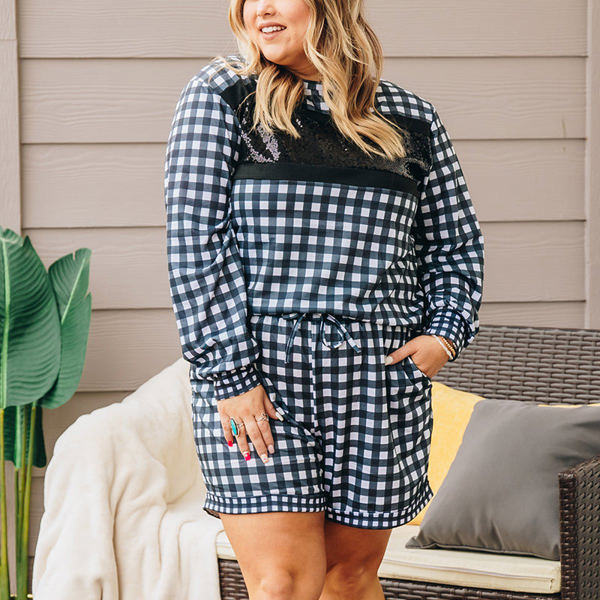 Southern Grace Stylin in Gingham Loungewear Set with Shorts and Sequins