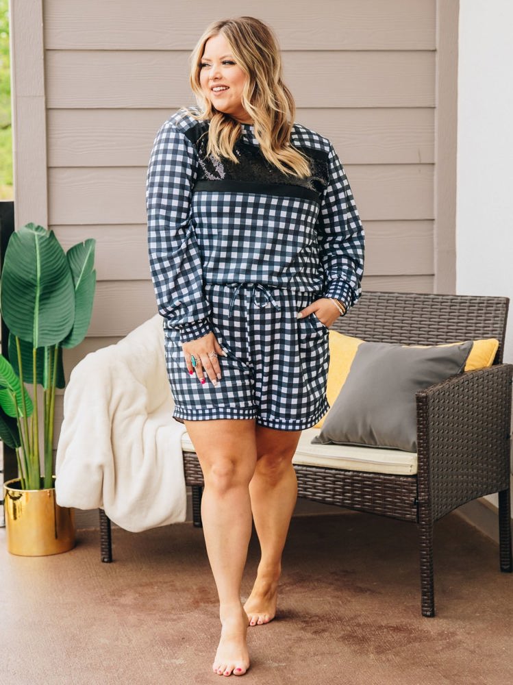 Southern Grace Stylin in Gingham Loungewear Set with Shorts and Sequins