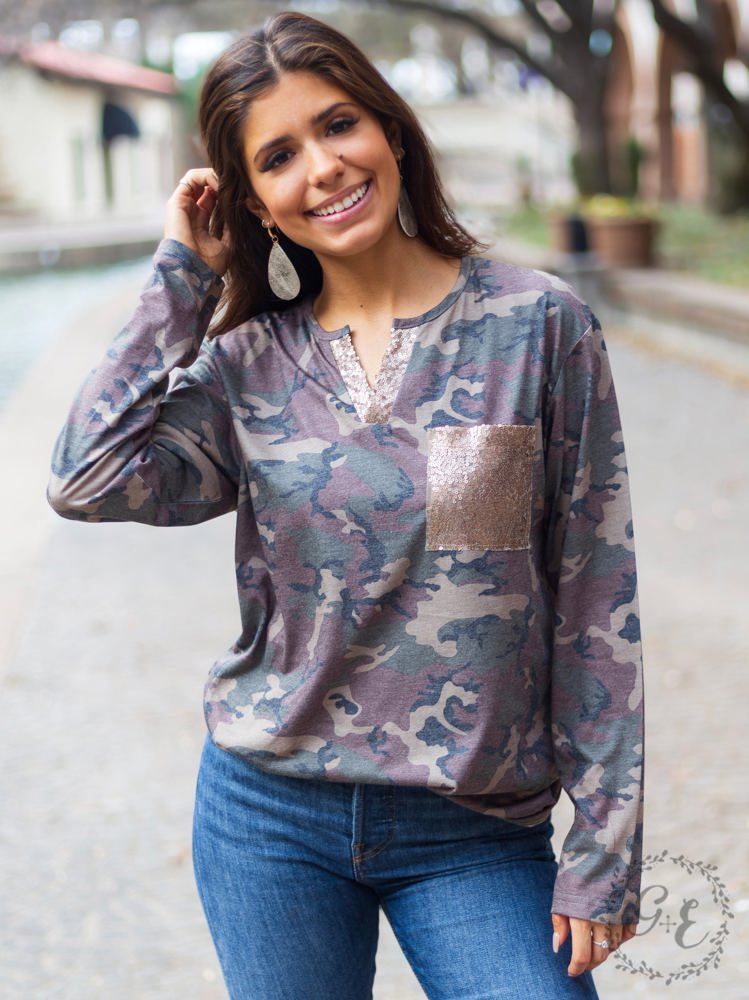 Southern Grace Welcome to the Jungle Sequins Knotch Long Sleeve with Pocket, Camouflage