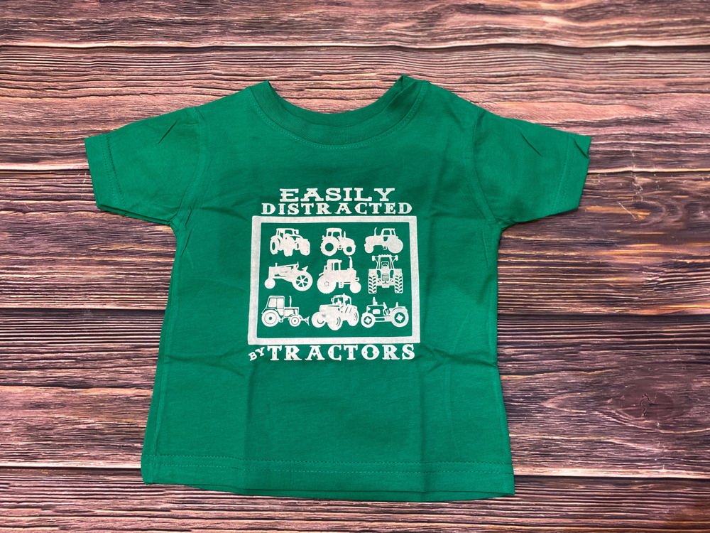 The Whole Herd Boy's Easily Distracted by Tractors Tee, Green, Youth XL