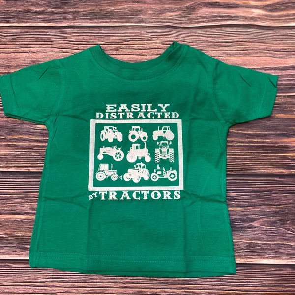 The Whole Herd Boy's Easily Distracted by Tractors Tee, Green, Youth XL