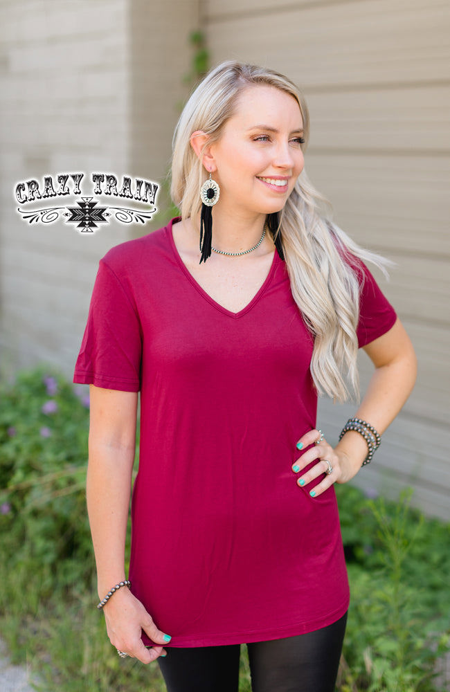 Crazy Train Forever Fave Solid Short Sleeve V-Neck Top, Maroon