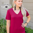  Crazy Train Forever Fave Solid Short Sleeve V-Neck Top, Maroon