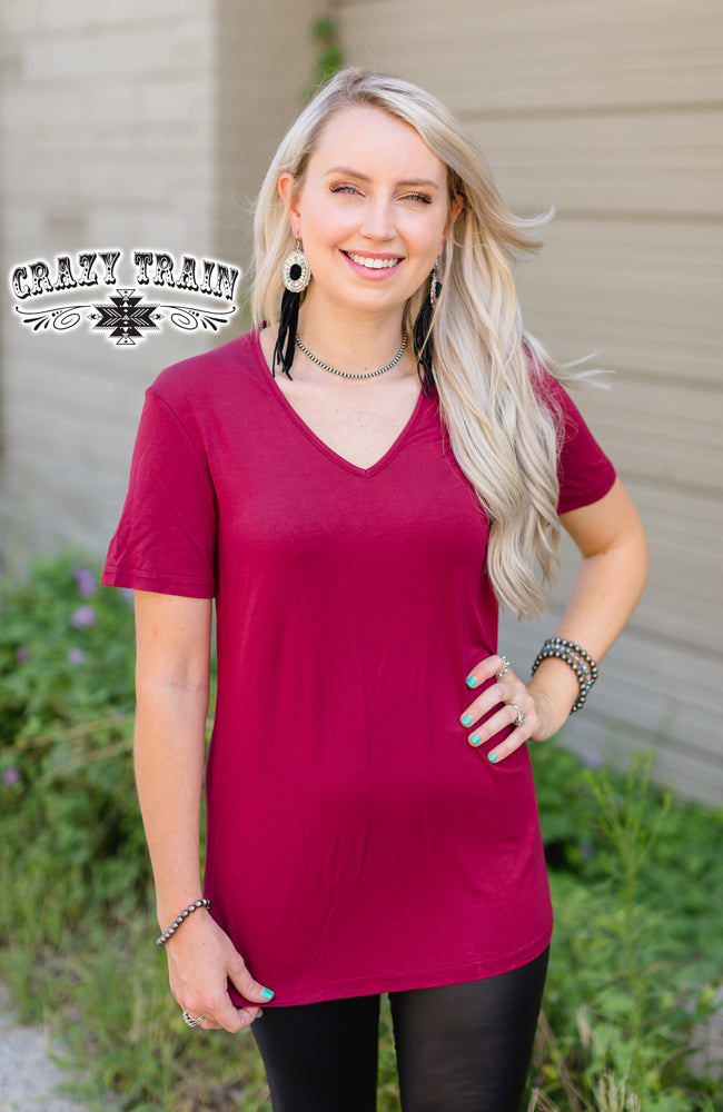 Crazy Train Forever Fave Solid Short Sleeve V-Neck Top, Maroon