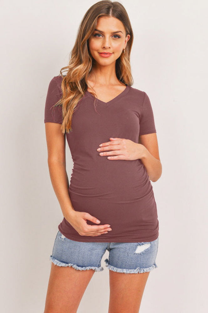 Hello Miz Short Sleeve V-Neck Maternity Tee with Ruched Side, Mauve - Size Small