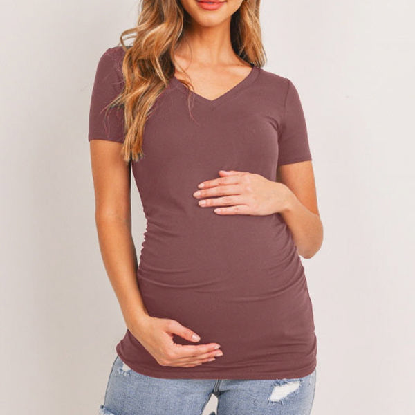 Hello Miz Short Sleeve V-Neck Maternity Tee with Ruched Side, Mauve - Size Small