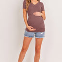  Hello Miz Short Sleeve V-Neck Maternity Tee with Ruched Side, Mauve - Size Small