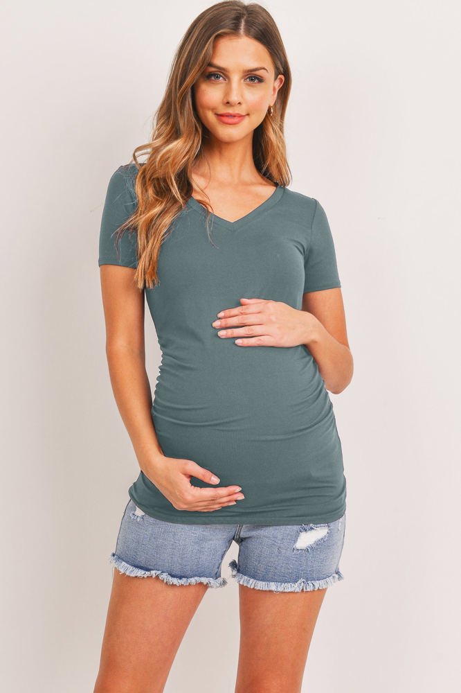 Hello Miz Short Sleeve V-Neck Maternity Tee with Ruched Side, Sea Blue